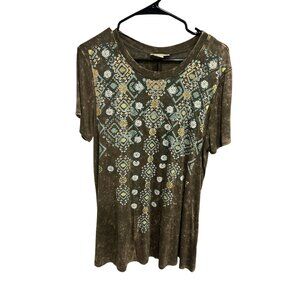 Tru Self Brown Geometric Floral Short Sleeve Tunic Top Size Medium Boho Indie